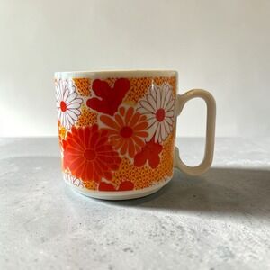 Vintage 70s Floral Coffee Mug Orange Red Yellow Daisy Retro Ceramic Tea Cup